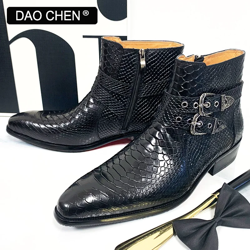 DAOCHEN BLACK WINTER ANKLE BOOTS MEN SHOES LUXURY BRAND DESIGNER SNAKE PRINT STRAP WITH BUCKLE GENUINE LEATHER MEN'S | Обувь