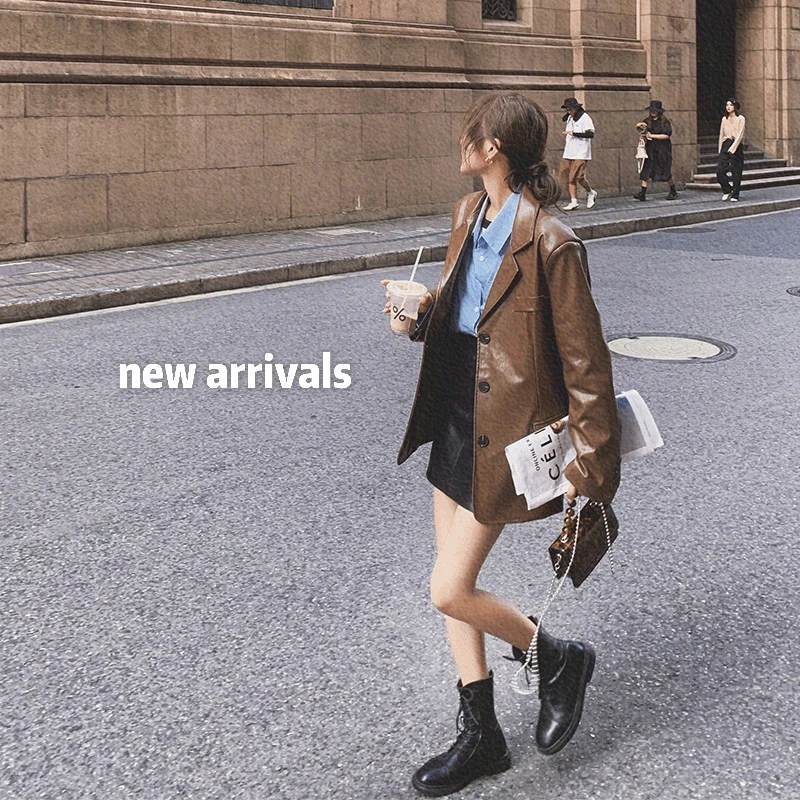 2022 Chaqueta Cuero Moto Mujer Loose Leather Jacket Women's Spring 2022 New Hong Kong Style Chic High-End Pu Leather Suit