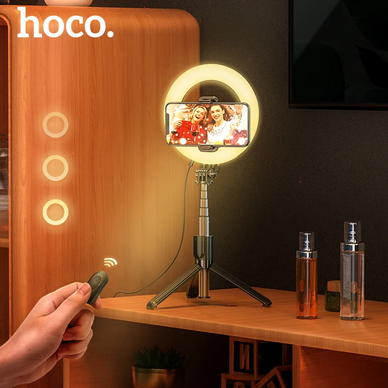 

Кольцевой светильник HOCO со штативом, ручной держатель для телефона, 3 режима освещения, Bluetooth