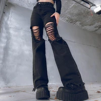 weiyao front holes goth grunge straight jeans women high waist distressed denim pants street style casual black jean trousers
