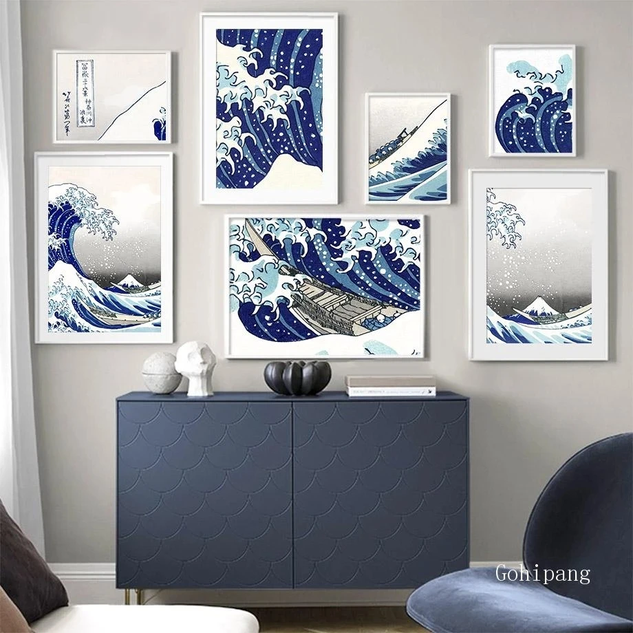 

Cartoon Art Ocean Waves Wall Art Canvas Painting Surfing Boat Mountain Landscape Posters Wall Pictures for Living Room Decor