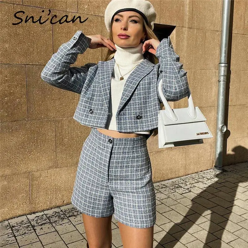 

Blue Tweed Woolen Plaid Jacket Coat Long Sleeve Turn Down Collar Cropped Tops Fashion Spring Autumn Casual Office Ladies Outwear