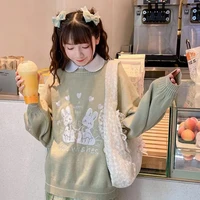 artoon printed autumn oversize knitted kawaii sweater girl preppy fashion green pullover woman sweet cute long sleeve top