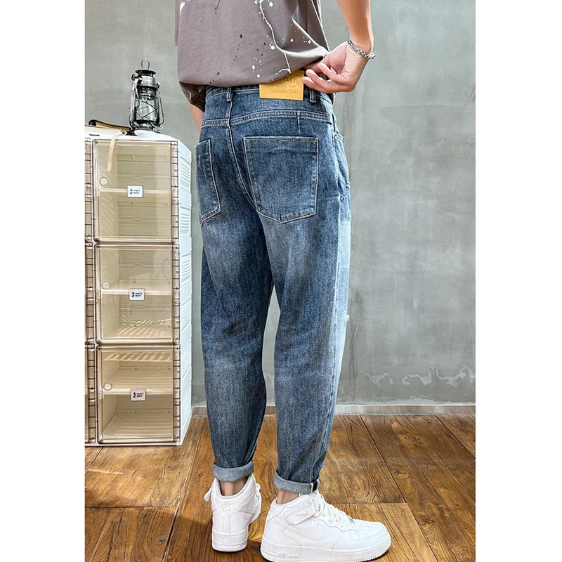 Streetwear Men 2022 New Pattern Recreational Blue Haren Pants Chaopai Small Trouser Leg Self-cultivation Jeans Autumn Female