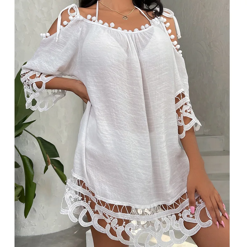 

2023 Hollowed Out Lace Sexy Solid Color Loose Leisure Vacation Beach Sunscreen Swimsuit Smock