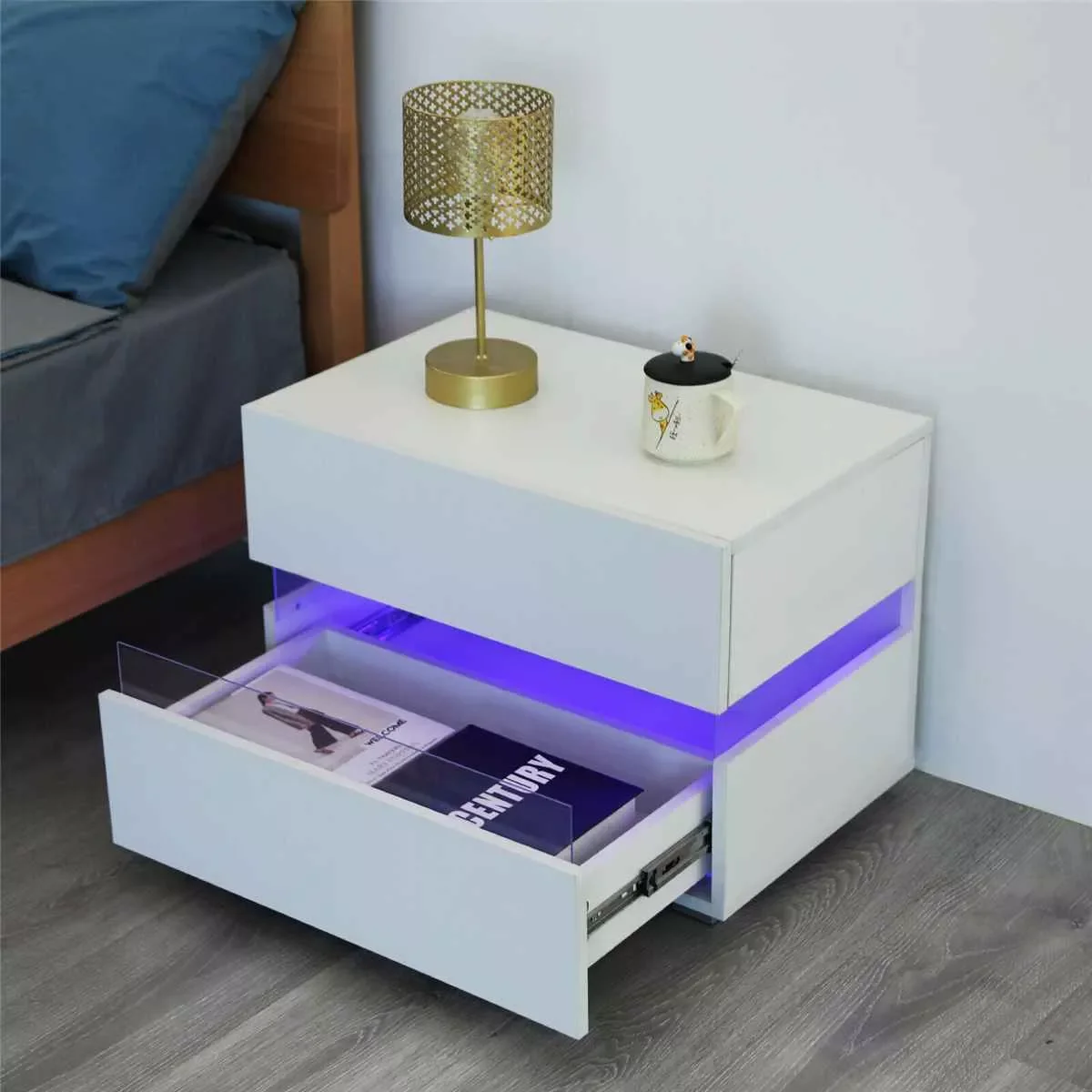 

2023 High Gloss Nightstands RGB LED Coffee Tables With 2 Drawers Modern Bedside Table File Cabinet Holder Chest Table 60*39*45cm
