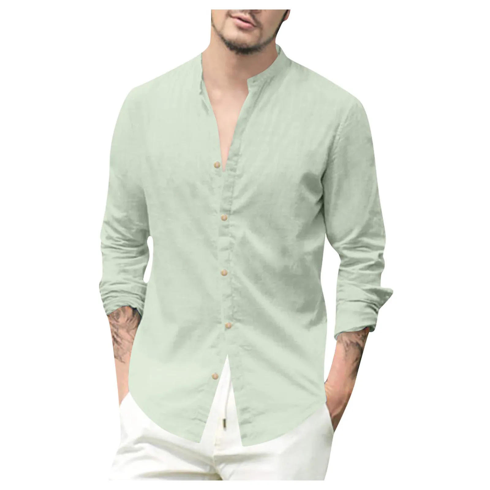 Shirts For Men Casual Cotton Linen Top Solid Color Long Sleeve  Loose Stand Collar T-shirts