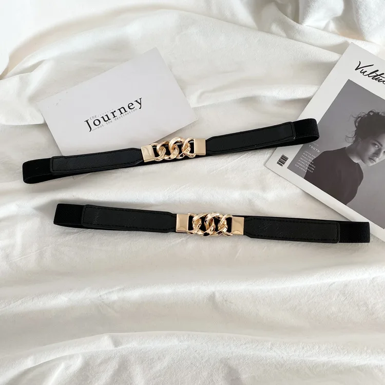 

Женский эластичный пояс с цепочкой, черный ремень с золотистой цепочкой, украшенный тонкой отделкой для платья, 2019