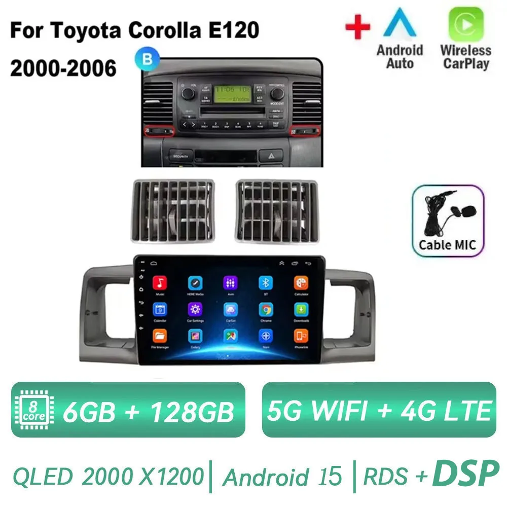 

Для Toyota Corolla E130 E120 2000-2006 Android 15, автомобильный радиоприемник, мультимедийный плеер, навигация, GPS, беспроводной Carplay 2din, стерео DVD