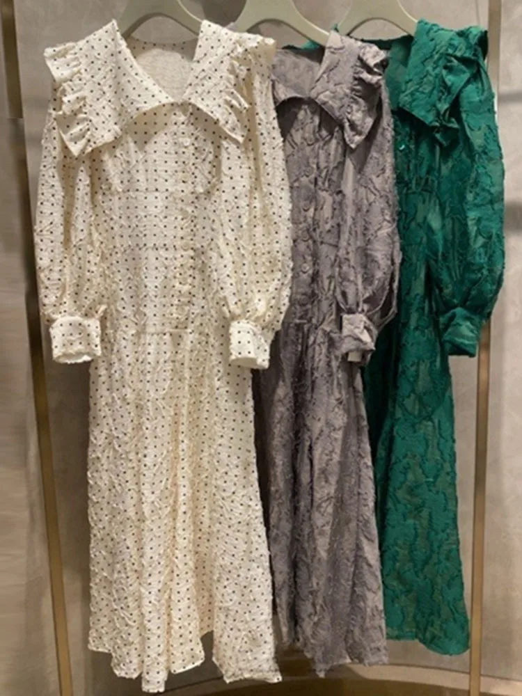 

Peter Pan Collar Dress Female Dot Print Autumn Winter New Sweet Retro Asymmetrical Lapel Jacquard Ruffled Maxi Dresses for Women