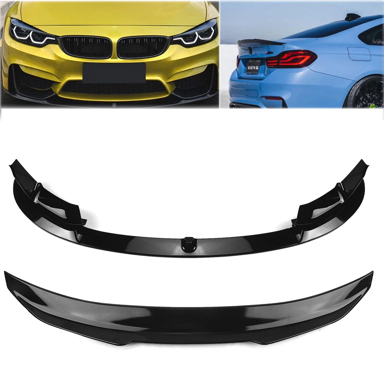 

For BMW F82 M4 2015-2020 2 Door Coupe Gloss Black/Carbon Fiber Look PSM Style Rear Trunk Spoiler Wing+Front Bumper Splitter Lip