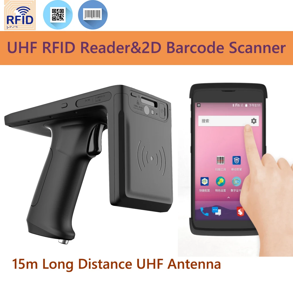 5.2'' Utouch 840-960Mhz UHF RFID Reader Writer Support QR Barcode 15M Scanner PDF417 Code128 NFC 4G WIFI 64GB Memory Android 9.0