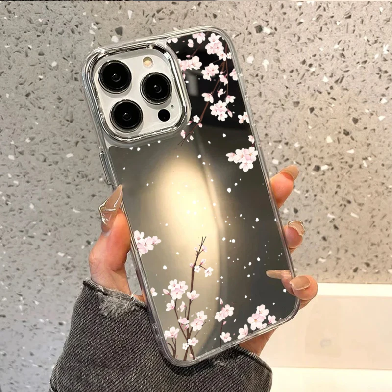 Фото Розовый чехол-зеркало с узором вишневого цвета для iPhone 11 12 13 14 15 Pro Max 16 Plus 17 Pro Max 16E – модная задняя крышка с зеркалом для макияжа №2