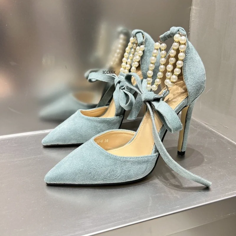 

2023 Spring String Bead Women Pumps Fashion Ankle Strap Summer Comfortable High Heels Party Wedding Bride Shoes