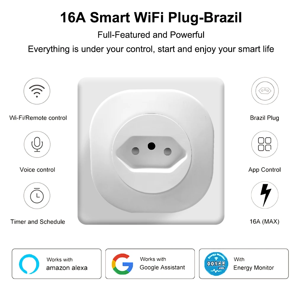 

Brazil Plug Smart Power Outlet Remote Control 16A Socket Intelligent Electricity Automation Adapter Small Round