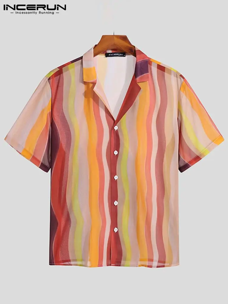 Fashion Casual Style New Men Tops INCERUN Striped All-match Blouse Male Comfortable Lapel Color Strip Short-sleeved Shirts S-5XL