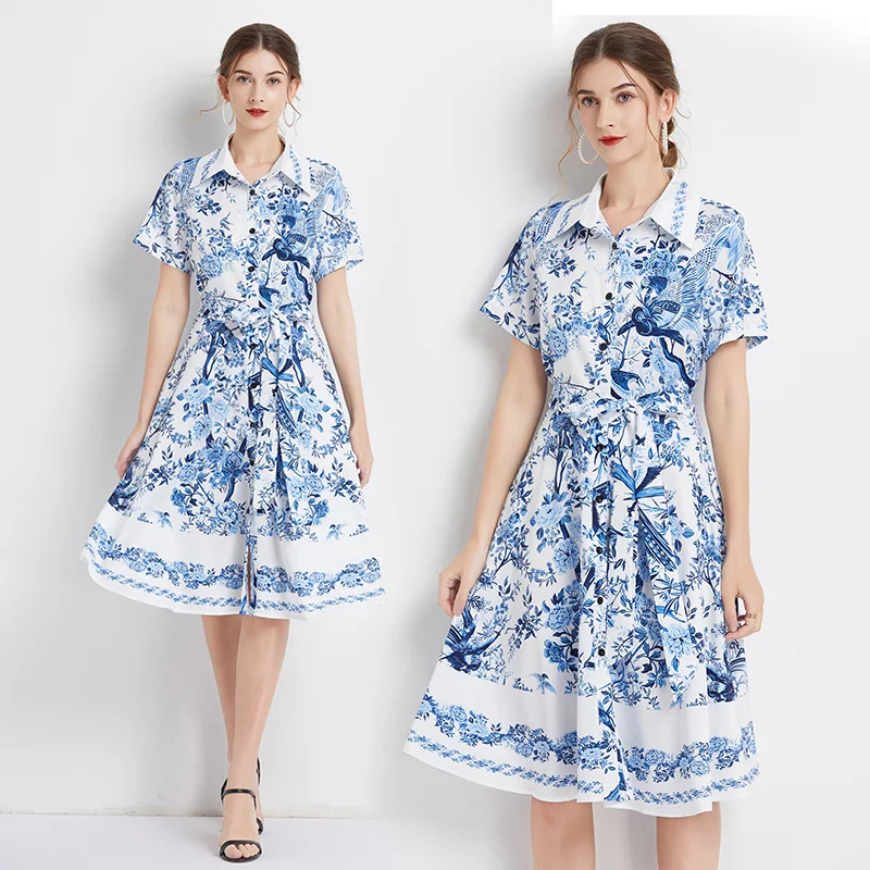 

Summer Floral Midi Shirt Dress Short Sleeve 2023 Women Designer Lapel Ribbon Lace Up Bow Vacation Slim A-Line White Dresses