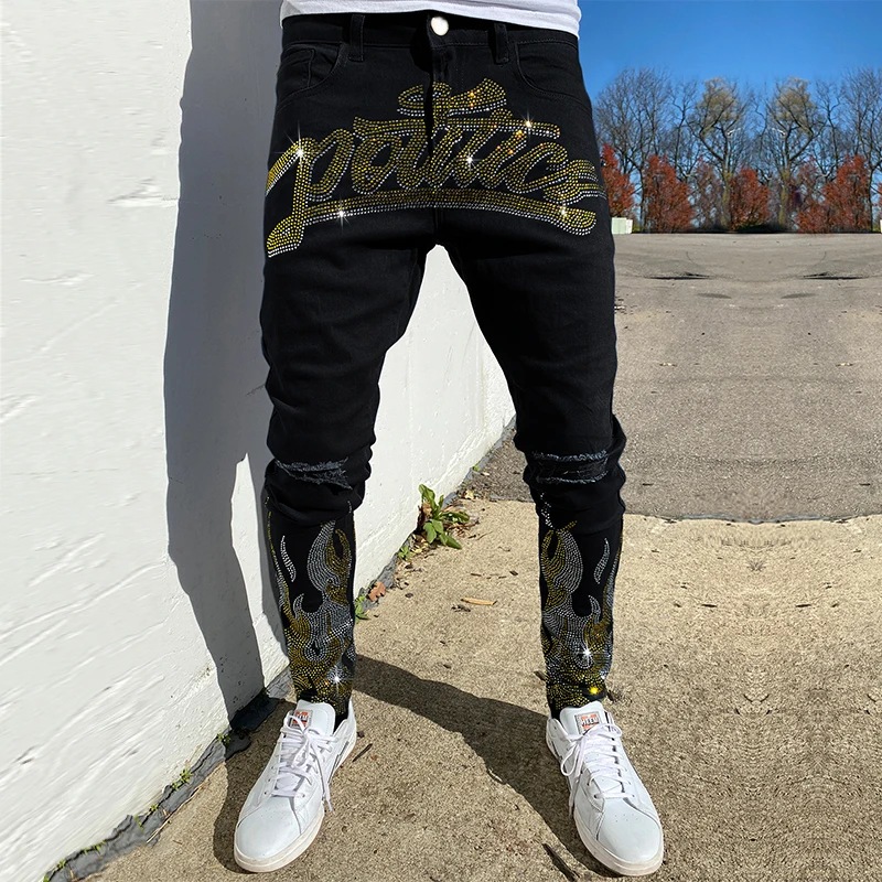 

Men's Black Hot Drilling Jeans High Quality Skinny Holes Stretch Denim Pencil Pants Street Punk Slim Fit Biker Men's Pants New