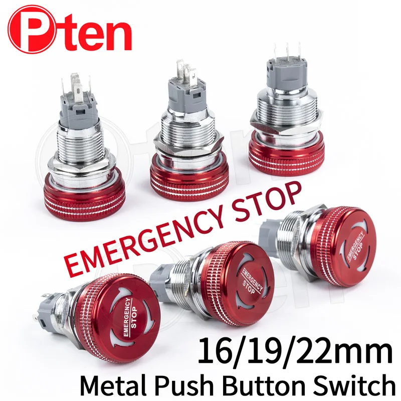 

16/19/22mm Metal Emergency Stop Button Switch stainless steel waterproof mushroom head Rotation reset Anti-slip with lights PTEN