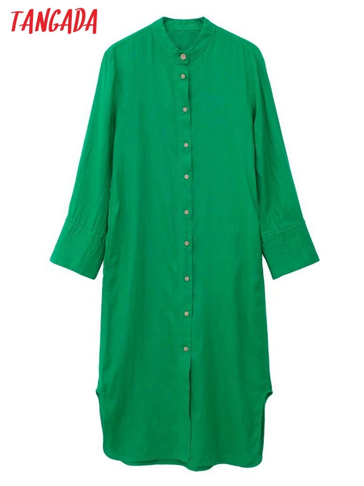 

Tangada 2022 Fashion Women Green Cotton Loose Shirt Dress Buttons Long Sleeve Casual Ladies Midi Dress 3H372