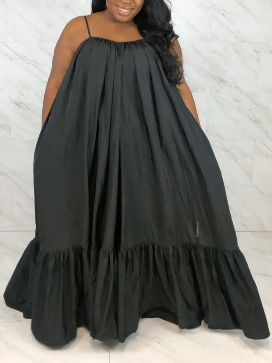 LW Plus Size summer Dresses Casual Pocket Fold Design Loose Black Floor Length A Line Dress Spaghetti Strap sexy summer skirt