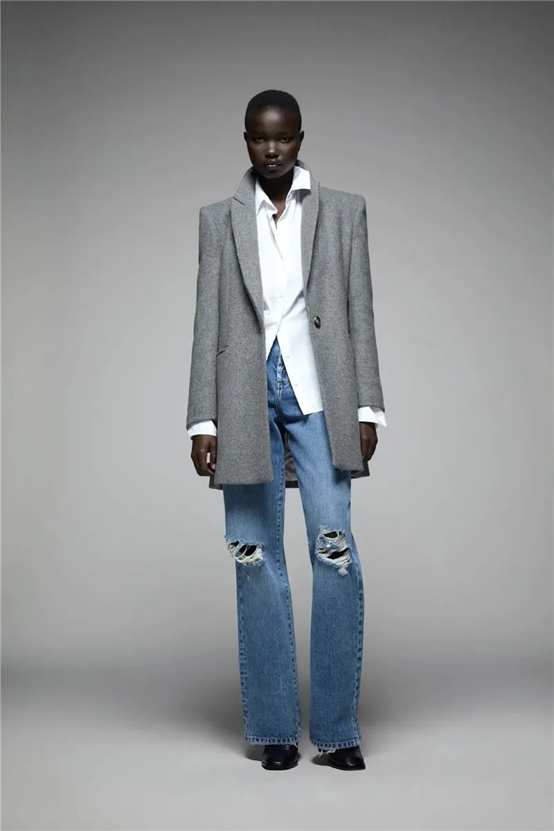 Grey Woollen Blazer Suit Korean Fashion Simple Mid Length Slim One Button Blazers Office Lady Autumn Winter Commute Casual Suits