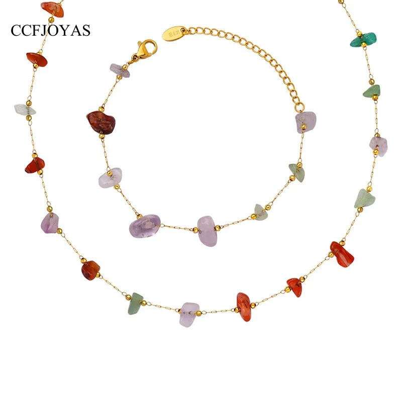 

CCFJOYAS Colorful Natural Stone Pendant Necklace Bracelet Accessories Titanium Steel 18K Gold-plated Chain Fashion Jewelry Set