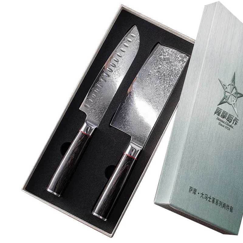 

2PCS Handmade Damascus Knife 67 Layers Damascus VG10 Steel Sharp Chef Santoku Slicing Sushi Sashimi Cleaver Kitchen Knives Set