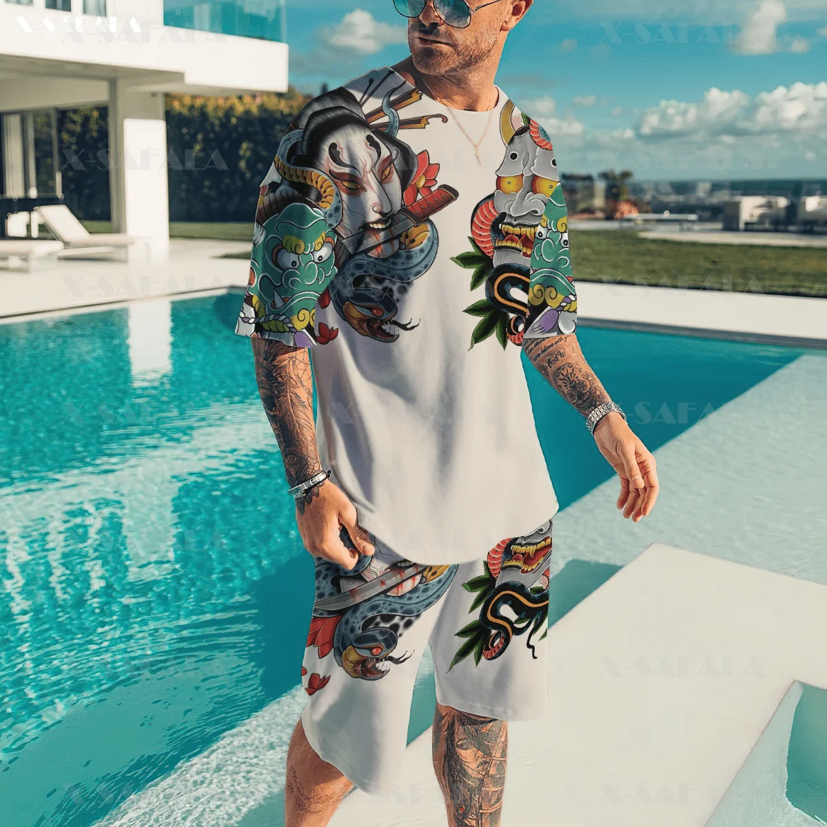 Футболка мужская с принтом самурайская Маска пляжный комплект короткими