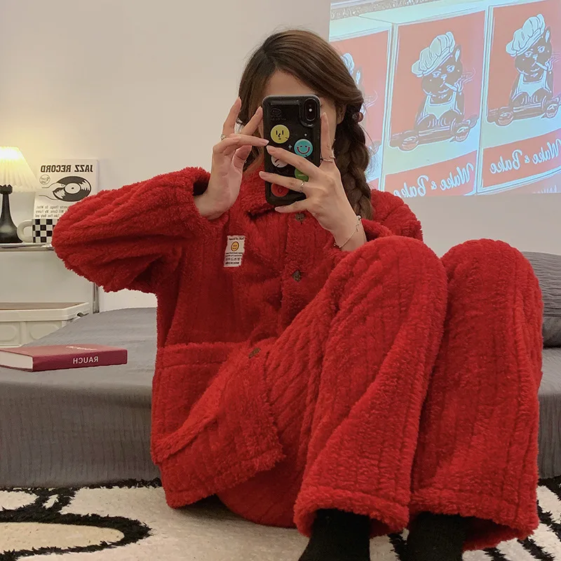Autumn Winter Warm Flannel Pajamas for Women Students Cute Plus Velvet Thicken Loose Sleepwear Set  Coral Velvet Home Clothes