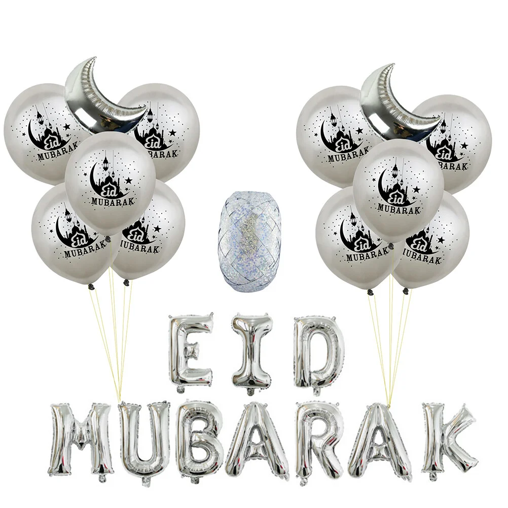 

Party Balloon Decor Printed Letter EID MUBARAK Latex Balloon Ornament Party Supplies Aluminum Foil Balloon, 23pcs ( Silver )
