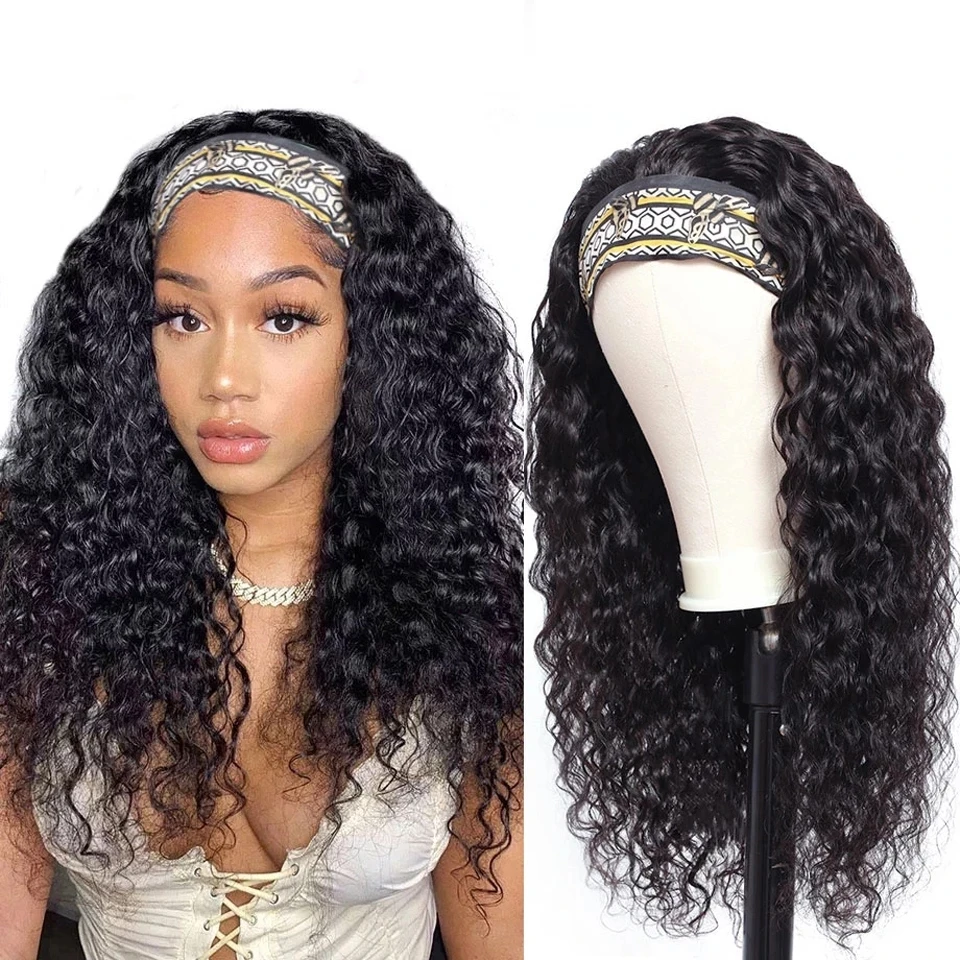 Brazilian Hair Deep Wave Headband Wigs Human Hair Glueless with Elastic Band for Women Natural Half  Curly