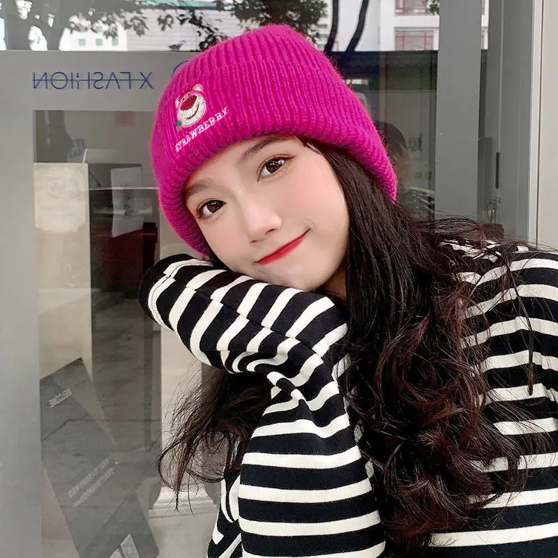 

Disney animation peripheral cartoon kawaii strawberry bear cute warm knitted hat casual woolen hat creative hat gift wholesale