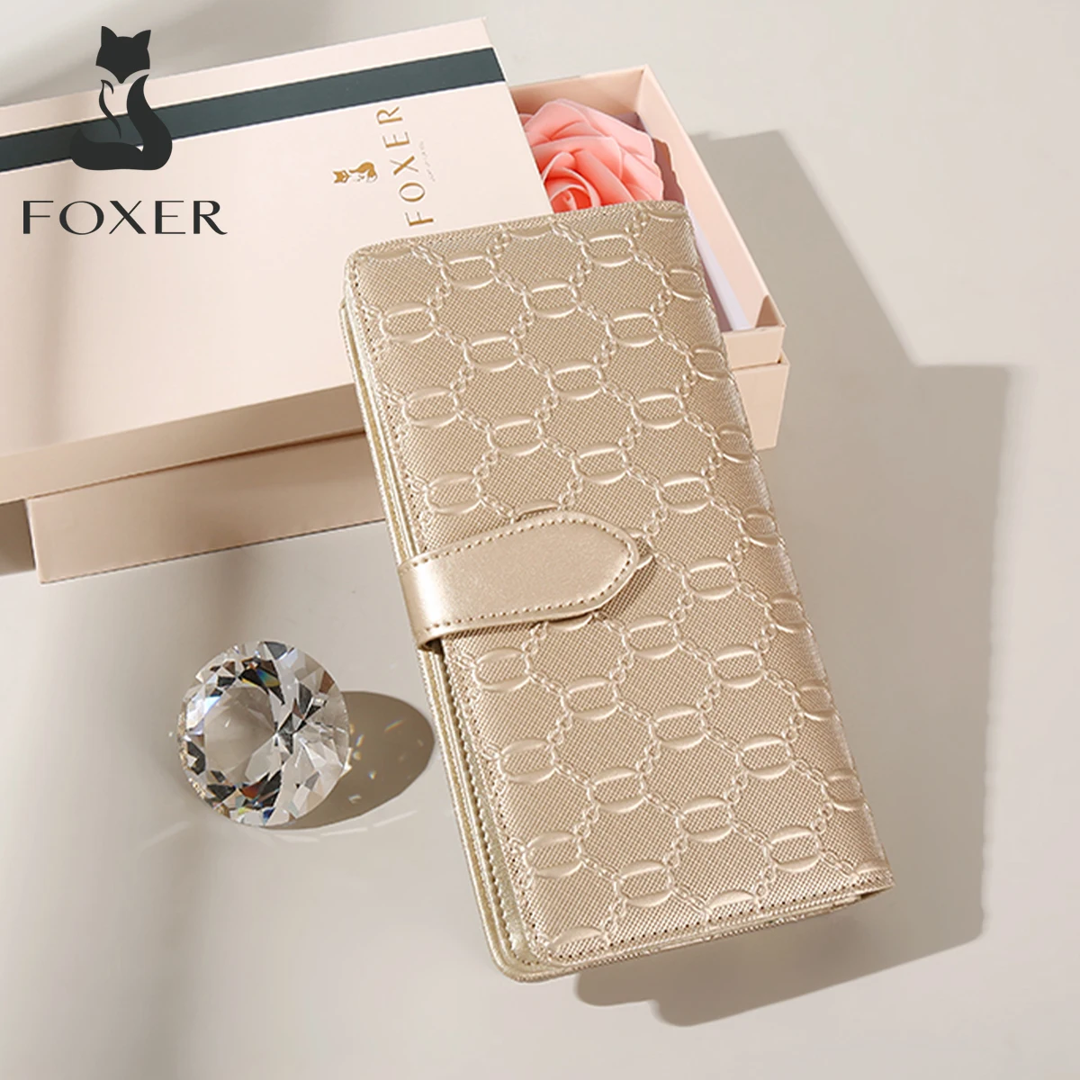 FOXER Brand Women's Split Leather Long Wallet Lady Large Capacity Phone Clutch Money Bag With Wristlet Female Purses Card Holder