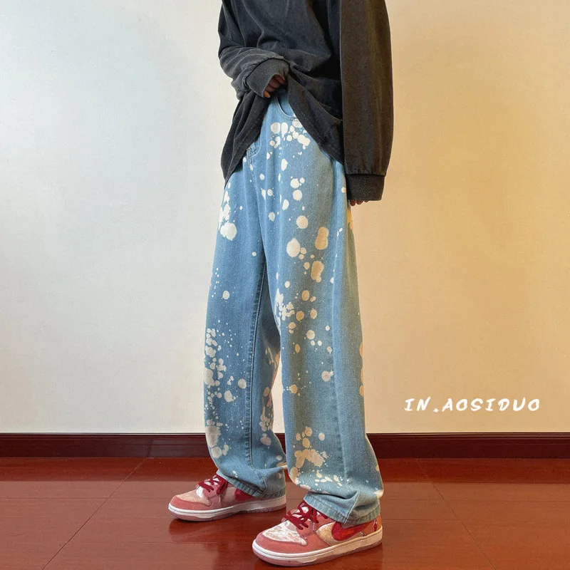Blue/Black Baggy Jeans Men Fashion Casual Straight Jeans Men Streetwear Hip Hop Loose Splattered Denim Pants Mens Trousers S-2XL