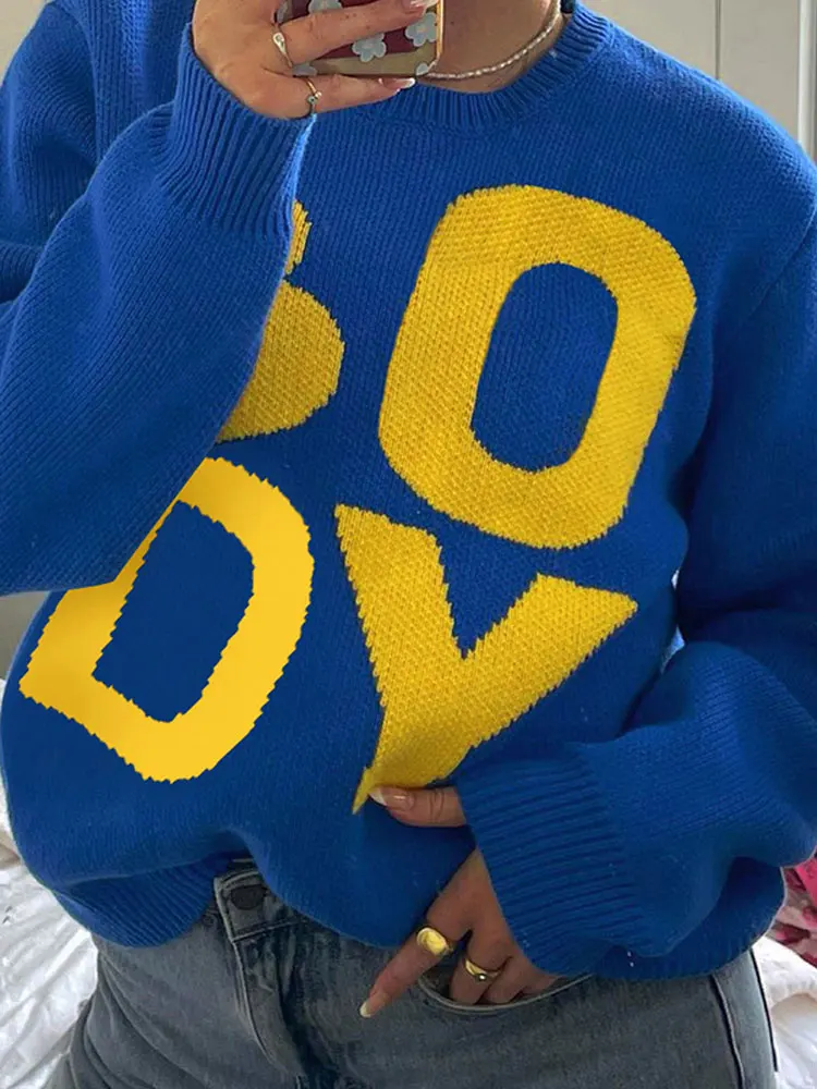 

Soft Knitted Pullovers 2023 Autumn Winter Woman Fashion Sweater Loose Letter Print Long Sleeve Knit Sweaters Female O-neck Warm