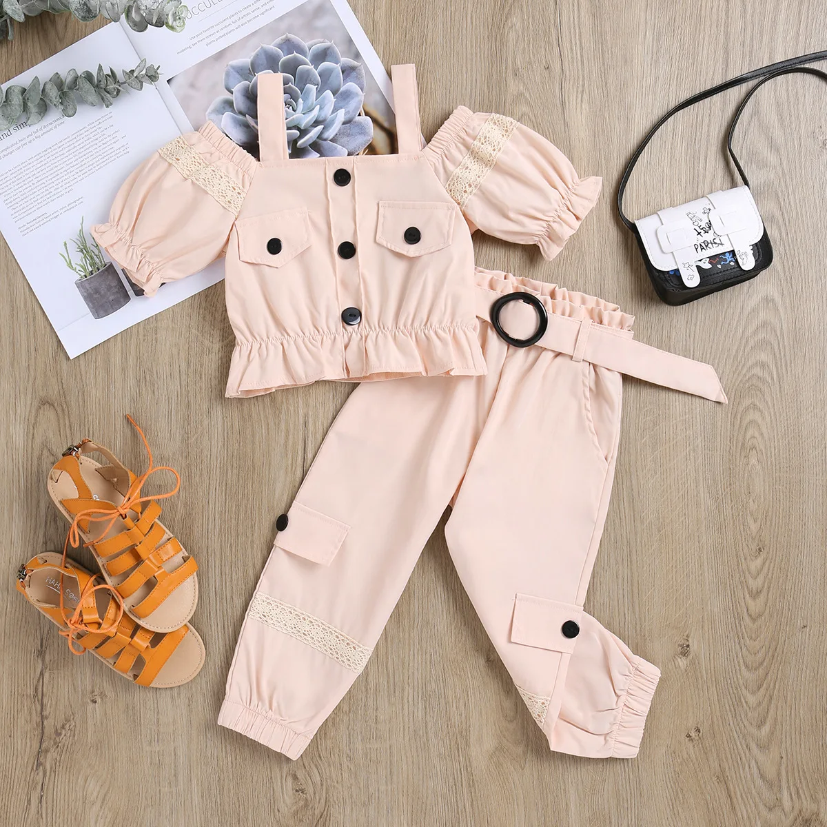 

Baby Girls Outfit Set 2022 Girls' Summer Woven Sling Shoulder Frosted Button Belt Three-piece Female Children's Suit