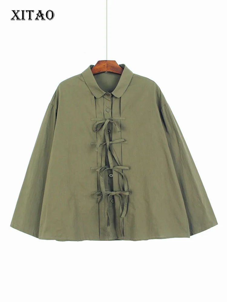 

XITAO Solid Color Patchwork Bandage Shirt Turn-down Collar Loose 2023 Spring New Arrival Casual Fashion All Match WLD11031