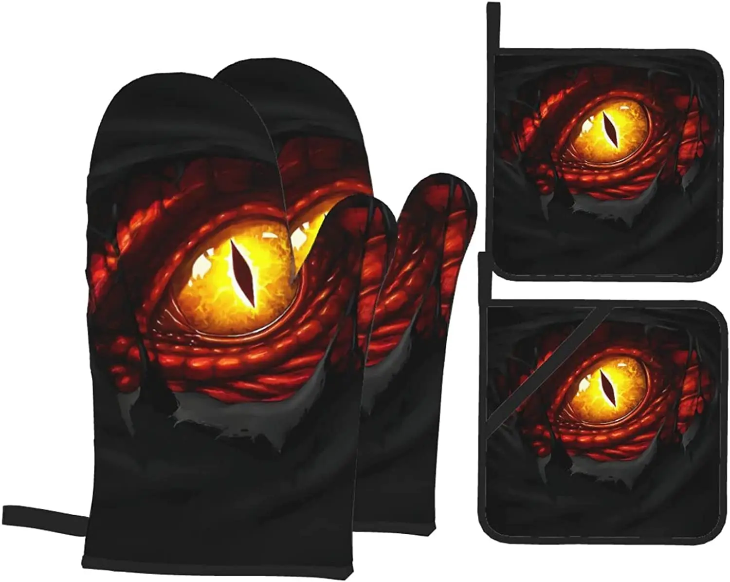 

Dragon's Eye Funny Oven Mitts and Pot Holders Kitchen Counter Safe Mats for Cooking BBQ Baking Grilling 4 Pieces Set