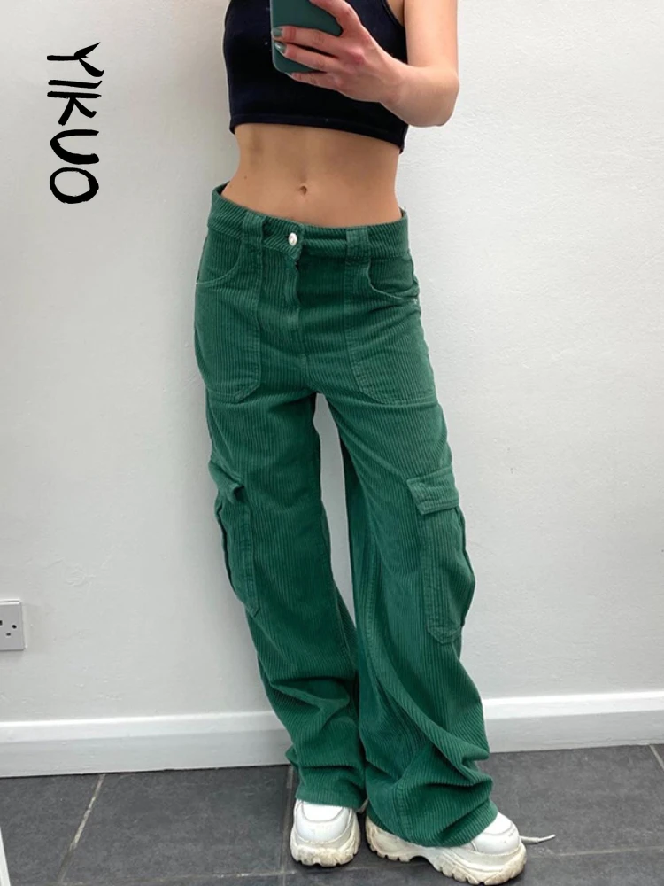 

YIKUO Y2K Pockets Button Corduroy Pants Vintage Loose Straight Trousers Chic Women Autumn Sporty Casual Retro Sweatpants New