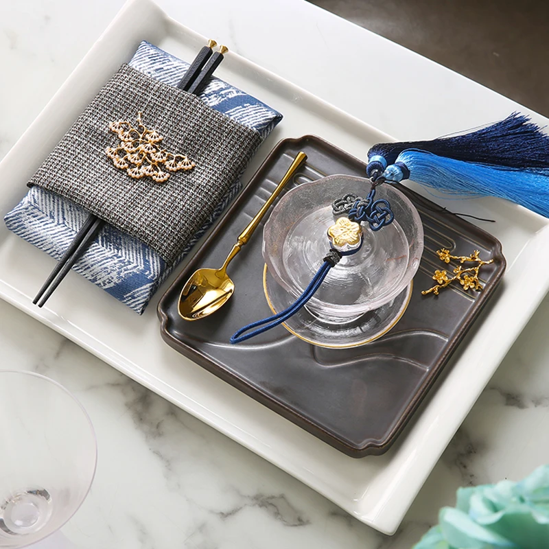 

Набор домашней посуды в стиле «Западная еда», квадратная черная прямоугольная керамическая тарелка, изысканный полный набор