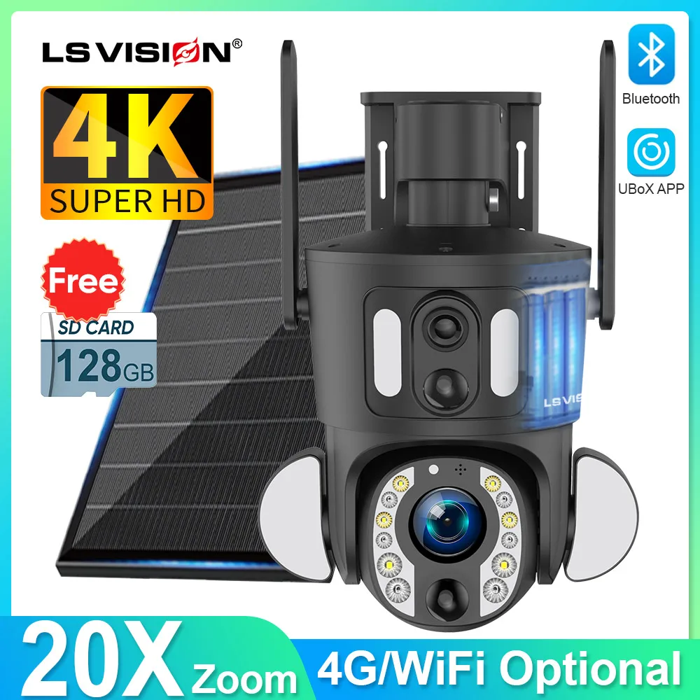 Фото LS VISION Солнечная камера безопасности для улицы, 20-кратный зум, двойной экран, 4K, 8 МП, Wi-Fi, PTZ, двойной объектив, PIR-обнаружение, камера с автоматическим слежением UBOX №1