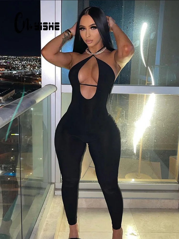 

CNYISHE Sexy Fitness Sleeveless Jumpsuits Women Rompers Summer Skinny Hollow Out Tops Female Jumpsuit Casual Lace Up Overalls