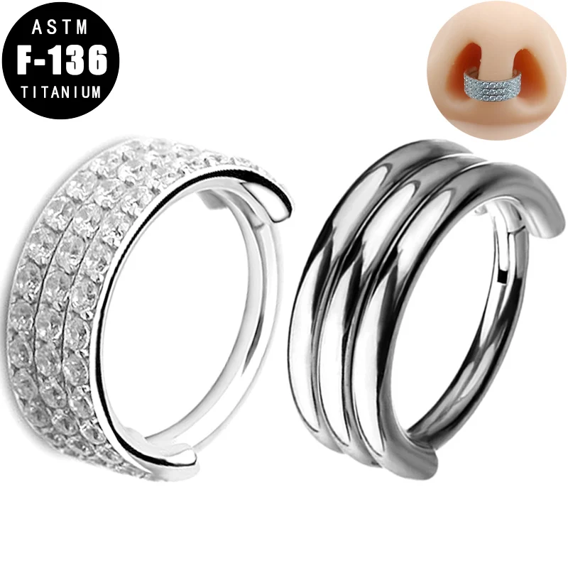 

ASTM F136 Titanium Nose Ring Helix Earrings Triples Stacked Zircon Hinged Segment Hoop Septum Clicker Tragus Nose Studs Jewelry
