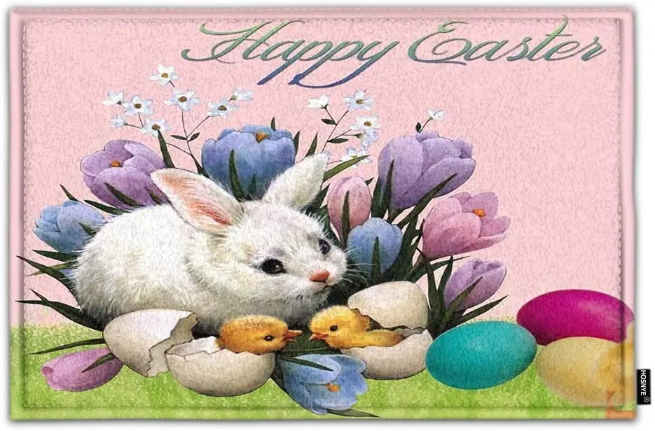 

Пасхальные коврики, матовые красочные цветы с кроликом и цыплятами, вылупившиеся в яйце, домашний коврик для туалета, коврик, Придверный ков...