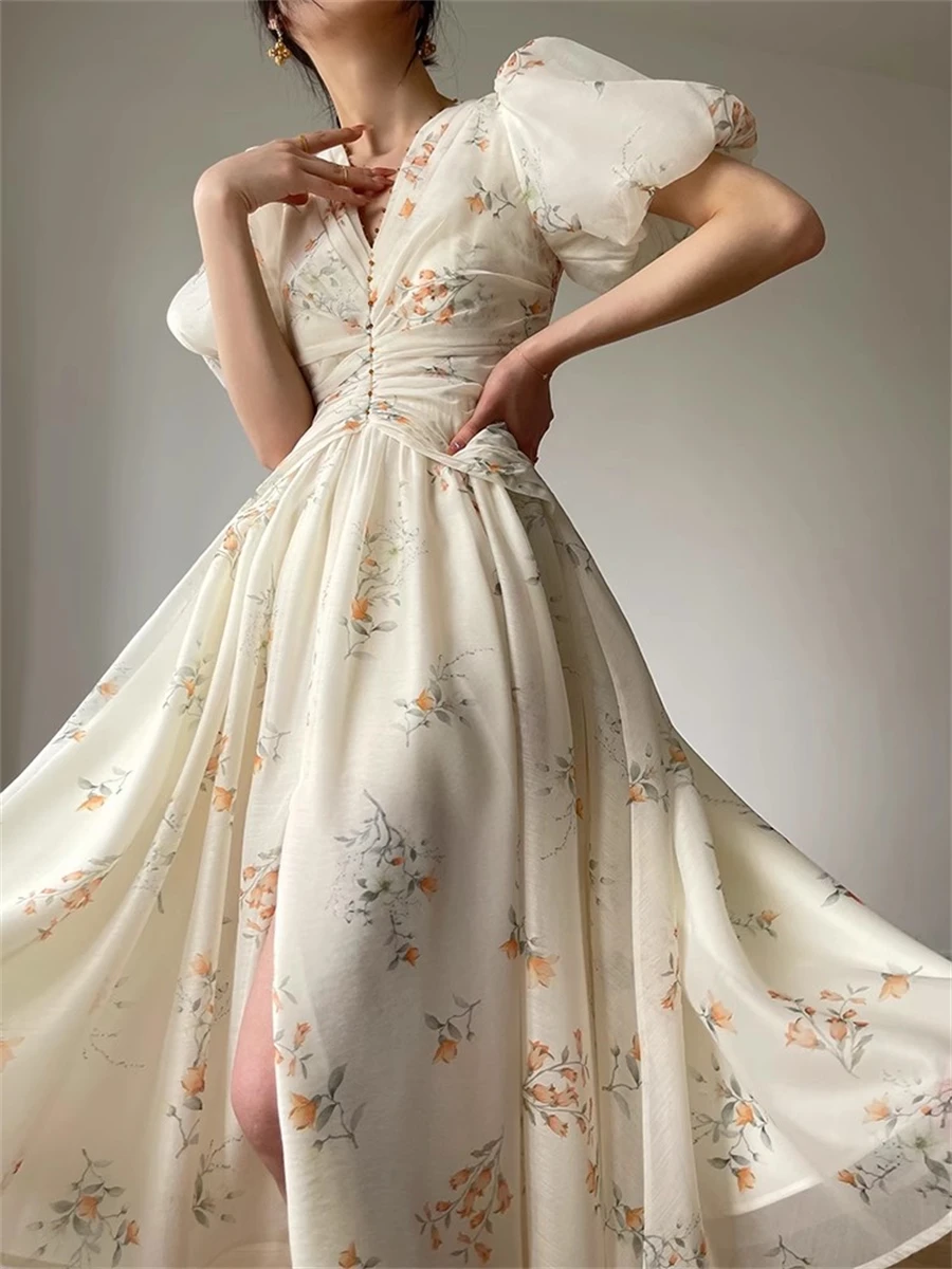 

Midi Dress Women Summer 2023 New Fashion Elegant Casual Slim Vestidos Evening Party Korean Print Dresses Female Vintage Clothes