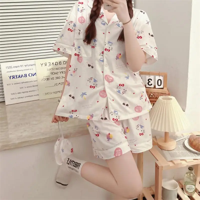 

Cute Kawaii Toys Cartoon Anime Sanrio Hello Kitty Pajamas Summer Cotton Short Sleeve Cartoon Cute Summer Loungewear Gift