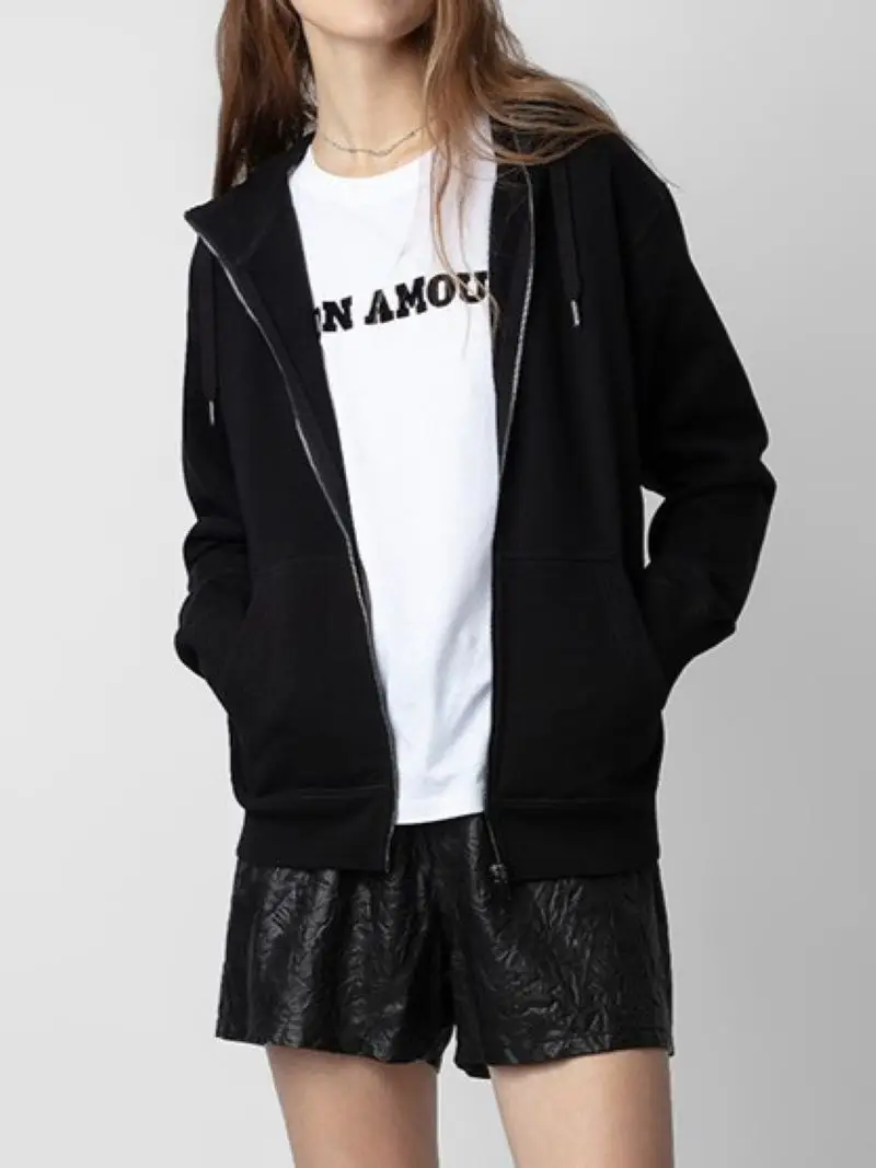 

Women's Hoodies Back Letter Hot Rhinestone Fleece Zipper Long Sleeve Casual Autumn Winter Hooded Sweatshirt with Pockets