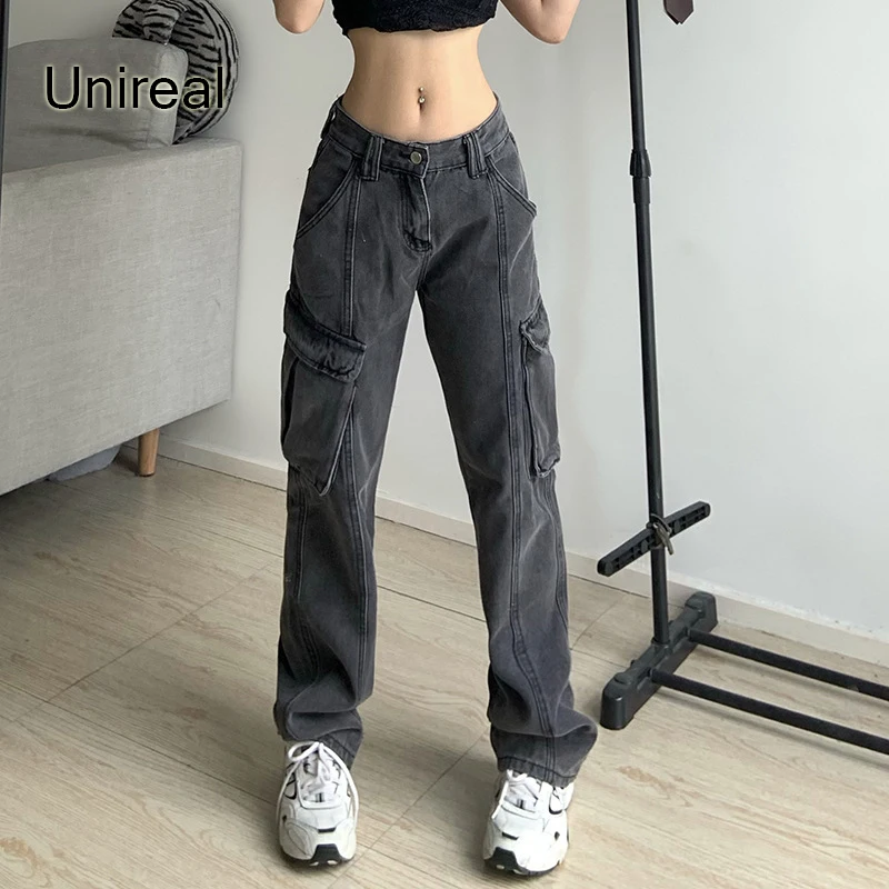 

Unireal 2022 Spring Autumn Women Jeans Cargo Pant Low Waist Pockets Zipper Streetwear Denim Trousers Fashion Baggy Pant Bottoms