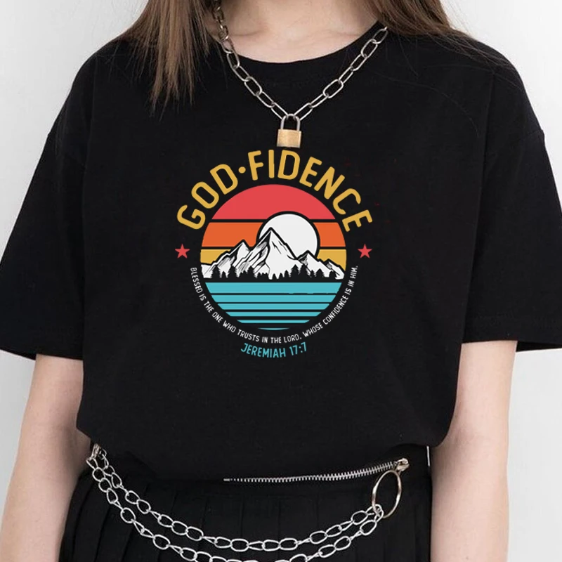 Женская хлопковая футболка с надписью God fiверность Иеремии 17:1, ретро-футболка большого размера с изображением гор, черные топы, христианская футболка, Прямая поставка